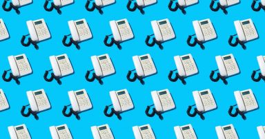 A digital illustration of caption phones on a blue background.