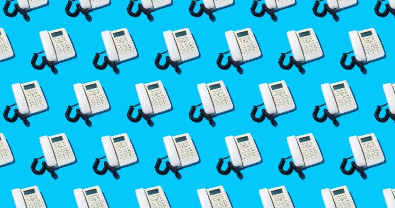 A digital illustration of caption phones on a blue background.
